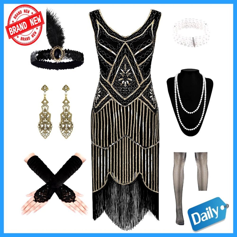 Sequin Beaded Flapper Dress with Accessories Set, V-Neck Backless